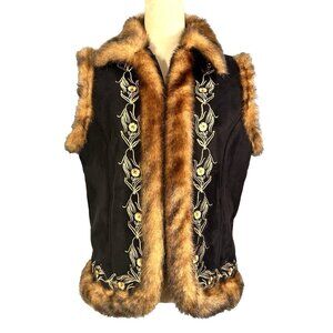 Montanaco Womens Black Floral Embroidered Faux Boho Mod Vest Size Large